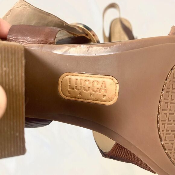 Lucca Lane Dark Brown Leather Tortoise Clasp Lace Up Chunky Heel Sandals US 8.5 - Picture 6 of 8